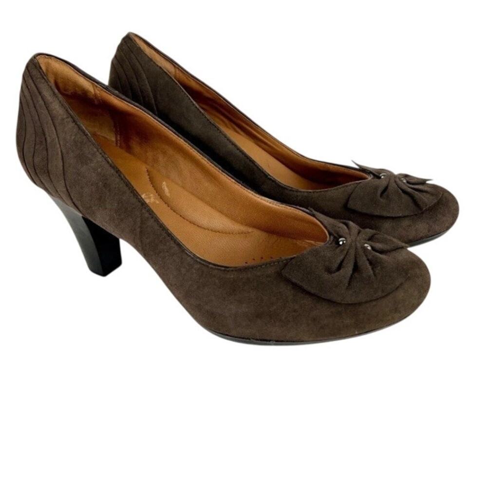 New Clarks Womens 8.5 Society Ball Brown Suede Bow Boho Cottage Victorian Heel